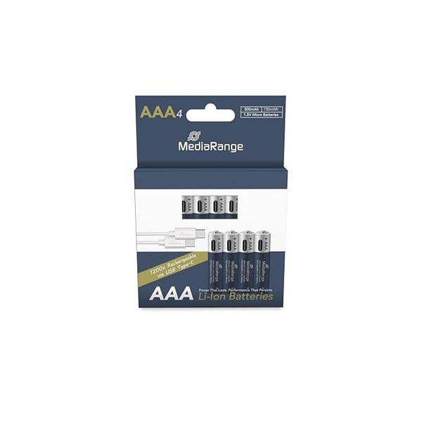 USB-C uppladdningsbara batterier - MediaRange - MRBAT160 - 1,5V - 500mAh - Paket med 4