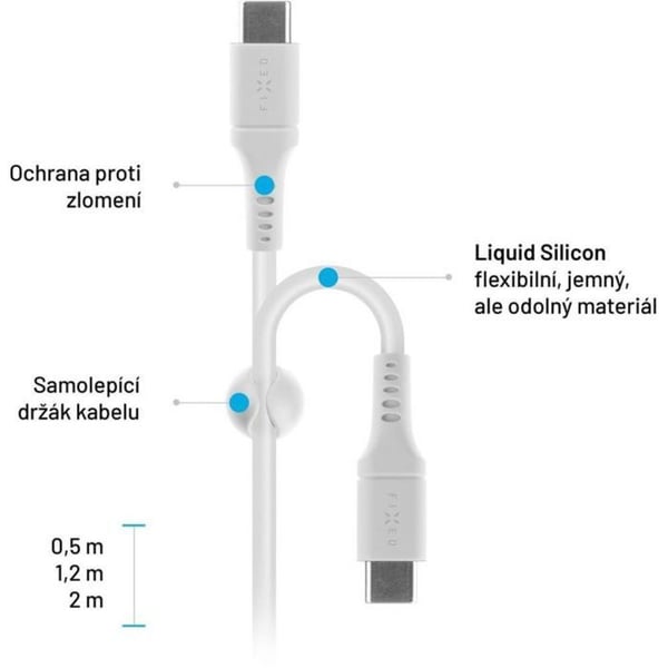 Kopplingskontakt Fast Fixe | Silikonvätske kabel USB-C/USB-C, 2 m, 60 W | FIXDLS-CC2-WH