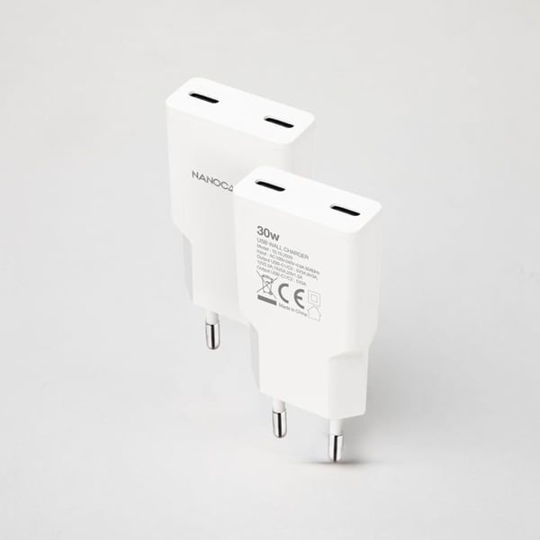 USB-C-laddare 30W - Nano-kabel - 2 USB-C-portar - Power Delivery - Vit - 81x36x15 mm - Snabbladdning