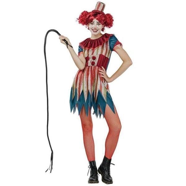 Kostym - LITEN CLOWN - Vintage clownklänning för kvinnor - Röd med gyllene ränder - Storlek L - Minihatt ingår