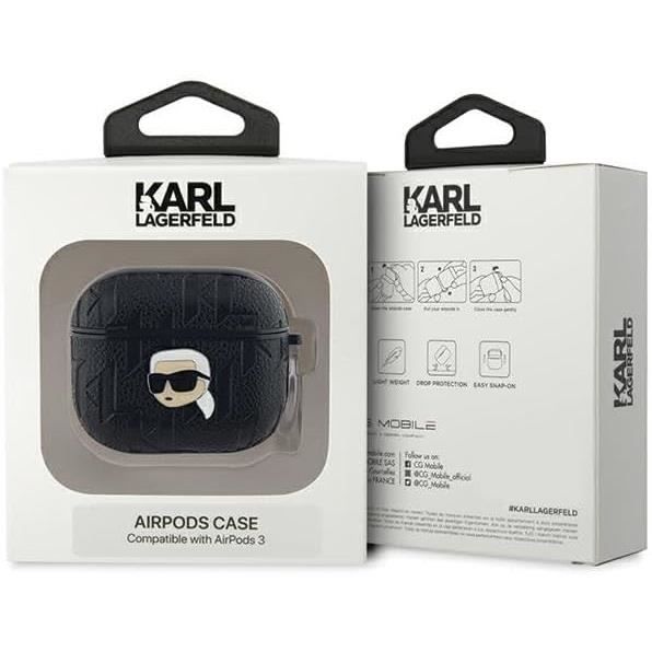 Coque AirPods 3 - Karl Lagerfeld - Monogram Karl Head - Eco-læder - Sort - Stift