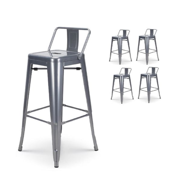 Set om 4 grå silverfärgade metallbarstolar med glänsande yta i industriell stil - Med ryggstöd - Höjd 66cm