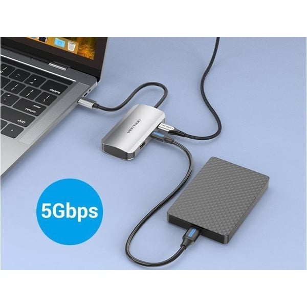 USB-hub - Vention - 5 portar - USB 3.2 Gen 1 - Aluminium Grå - Snabbladdning