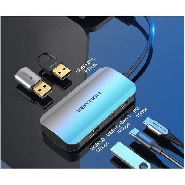 USB-hub - Vention - 5 portar - USB 3.2 Gen 1 - Aluminium Grå - Snabbladdning