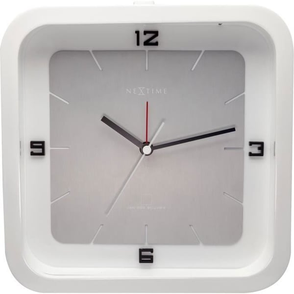 Bordklocka - NeXtime - Fyrkantig Väckarklocka - 20 x 20 x 6 cm - Trä - Vit
