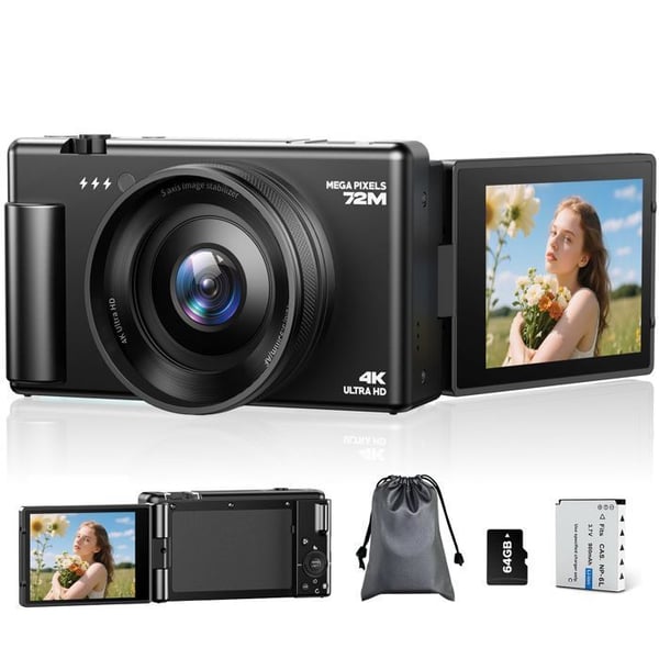JEEMAK Kompakt 4K Digitalkamera 72MP Autofokus Videokamera 2.8" roterande skärm 270° för nybörjare, Svart