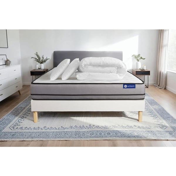 Komplett sängpaket 200x200 cm - Madrass + Sängbotten Vit (i kit) + 2 kuddar + Täcke - Actiflex Ni
