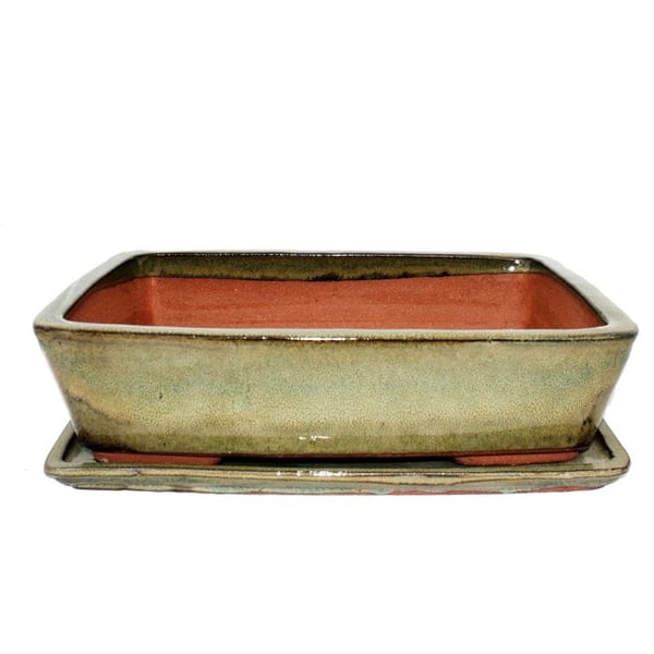 Bonsaiskål med fat St. 5 - olivbrun - rektangulär G30 - L 32cm - B 24,5cm - H 8cm