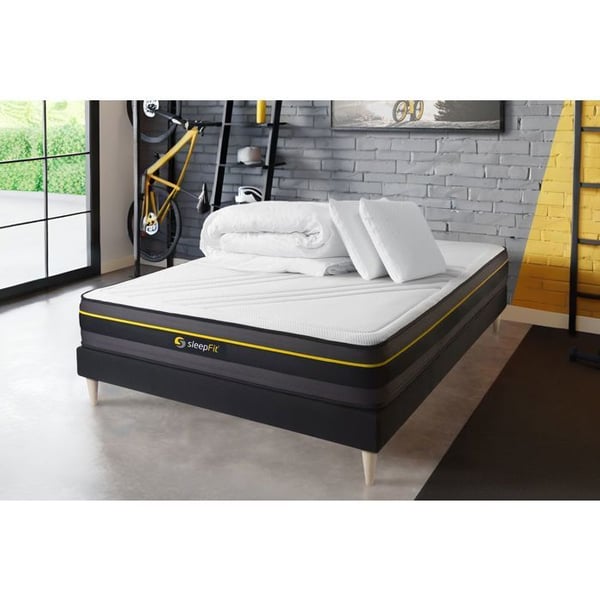 Pack madrass ACTIVE + sängram kit svart + minnesskummkuddar + Percale täcke 160x200 cm svart