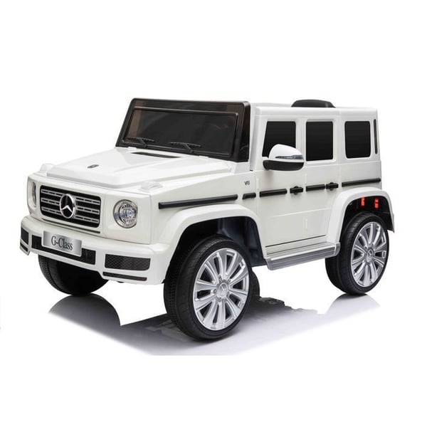 Mercedes G500 12V elektrisk bil, vit, 2,4 GHz fjärrkontroll, USB/SD-ingång, litiumbatteri, LED-belysning, ORIGINAL licens
