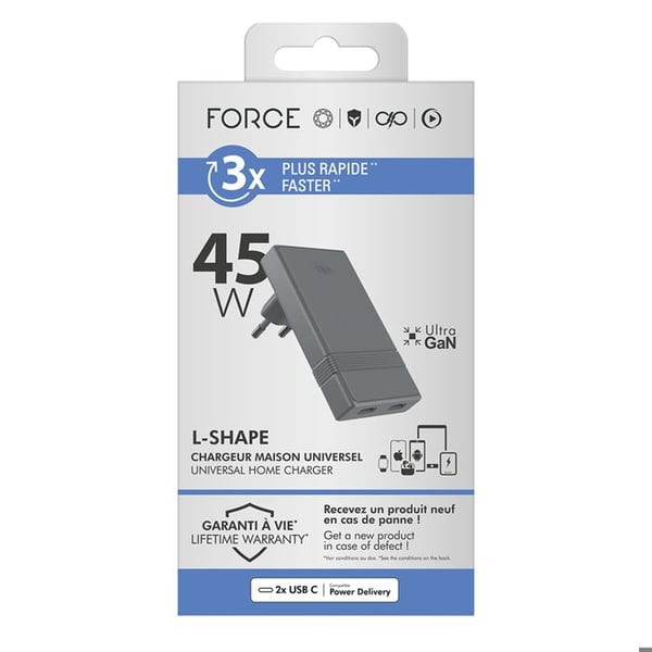Nätadapter - FORCE POWER - L-formad - 45W - 2x USB-C - Ultra-GaN