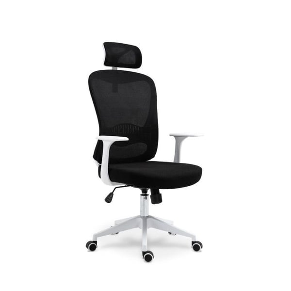 Ergonomisk svart och vit kontorsstol med nackstöd, andningsbart ryggstöd och justerbar höjd