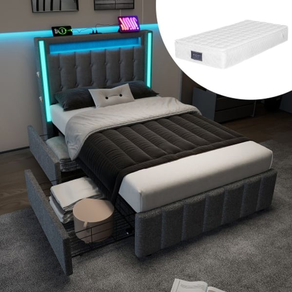 Lit simple - MUVOE - 90x200 cm - Oplader Type C - LED-belysning - 2 grå skuffer