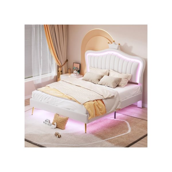 Barneseng - MUVOE - 140 x 200 cm - Hvid PU-læder - LED-belysning - Muslingedesign