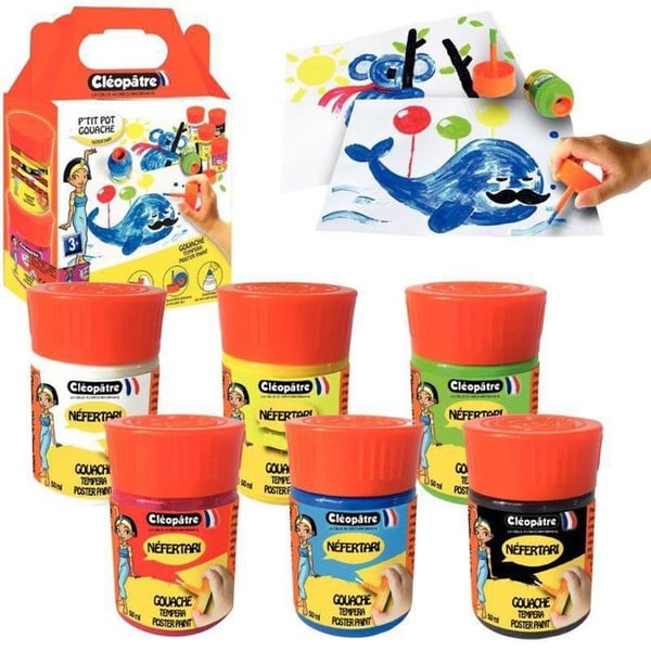 Set om 6 små färgburkar med 50 ml gouache och integrerade penslar KLÉOPÂTRE, assorterade färger.