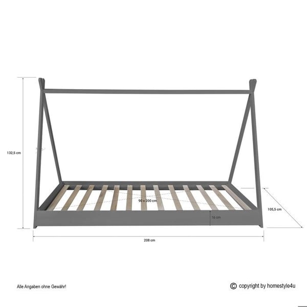 Säng Barn 90x200 cm Grå Tyg Grå | Tält Säng | Enkel Säng | med Sängbotten | Trä