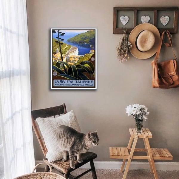 Legendarte - Vintage turistaffisch Italienska rivieran - målning, tryck på duk cm. 50x70