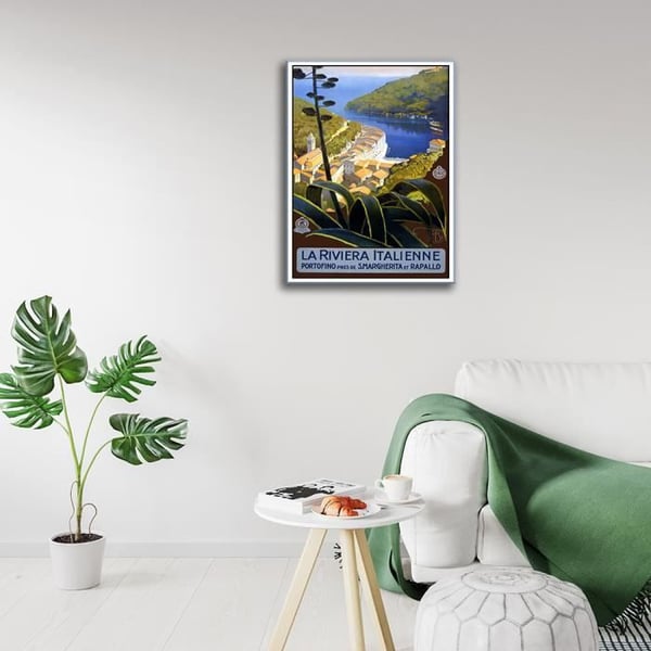Legendarte - Vintage turistaffisch Italienska rivieran - målning, tryck på duk cm. 50x70