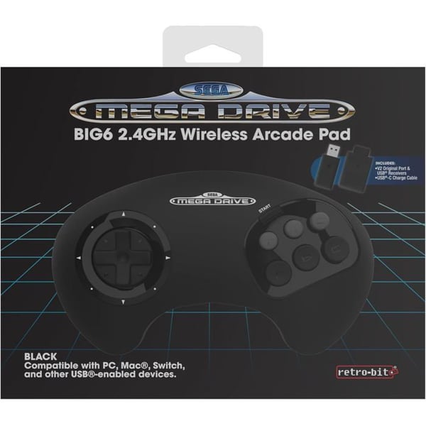 Retro-bit - Manette Noire BIG6 Sega Mega Drive & Genesis - Trådlös 2.4Ghz