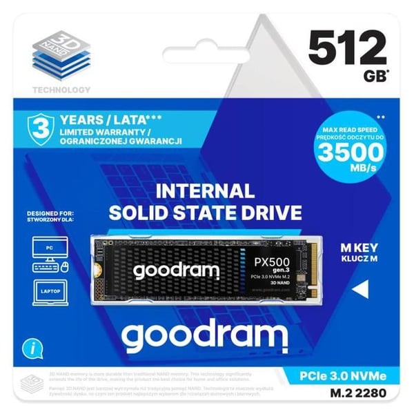 SSD M.2 - GOODRAM - PX500 GEN.3 - 512 Go - Läsning 3200 Mo/s - Skrivning 2400 Mo/s