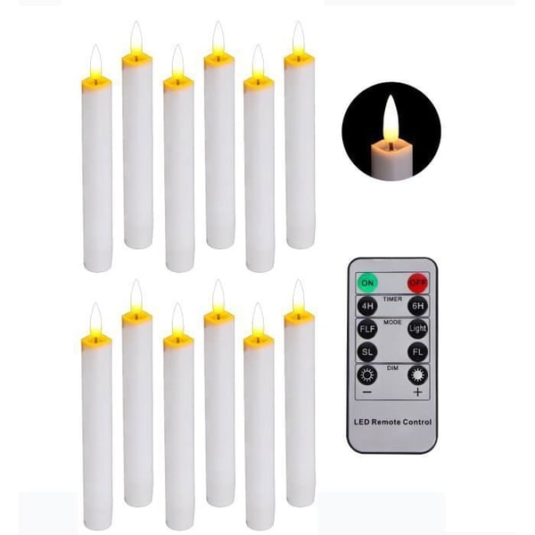 Set med 12 flimrande flamlösa koniska ljus med 10-knappars fjärrkontroll, batteridriven, 3D-veke, 16,5 cm elfenben