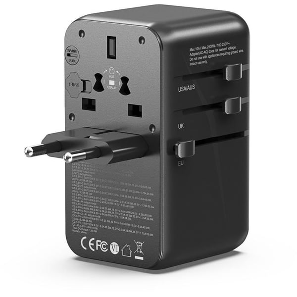 Vention Universal Rejseadapter 4 USB-porte (C C C A) GaN (100W/100W/20W/18W) Sort