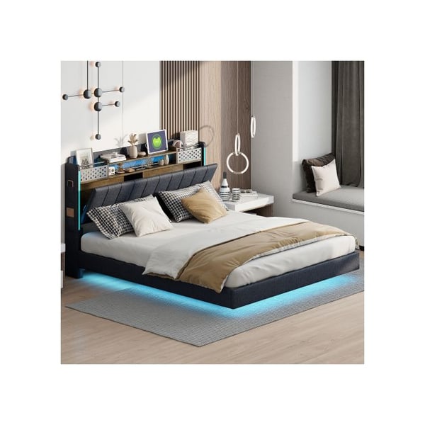 Polstret seng - MUVOE - 160x200 cm - LED-belysning - USB-stik - Indbygget opbevaring
