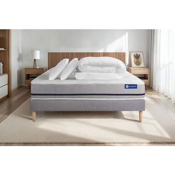 Komplett sängpaket 140x200 cm - Madrass + Sängbotten Grå (i kit) + 2 kuddar + Täcke - Actilatex So