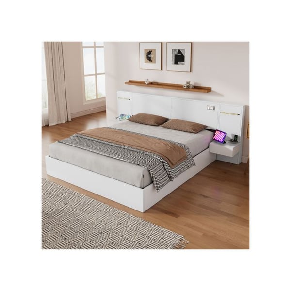 Dobbelt seng - MUVOE - 180x200 cm - Hvidt træ - USB-forbindelse - Indbygget madras