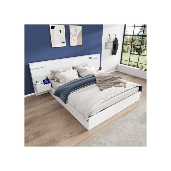 Dobbelt seng - MUVOE - 180x200 cm - Hvidt træ - USB-forbindelse - Indbygget madras
