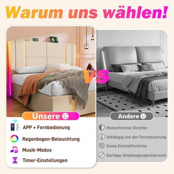 Parivuode - MUVOE - 180x200 cm - USB Type C - LED-valaistus - Säilytys sängyn alla