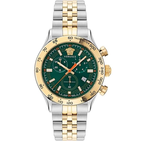 Klocka - VERSACE - Hellenyium Chrono 44mm 5ATM - Kvarts Swiss Made - Grön urtavla - Bicolor stålarmband