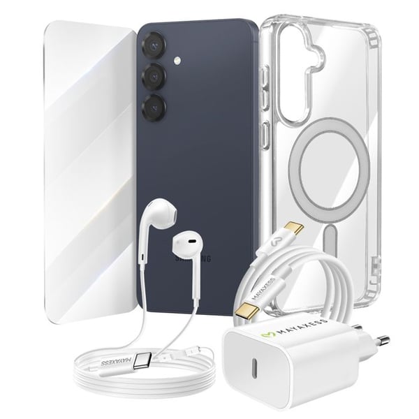Pack Essentials för Galaxy S25 Plus Fodral, Glas, Laddare, Hörlurar (5 delar) Mayaxess Transparent