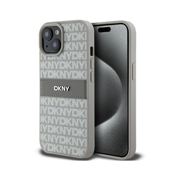 DKNY Leather Mono Stripe & Metal Logo - Fodral för iPhone 15/14/13 (beige)