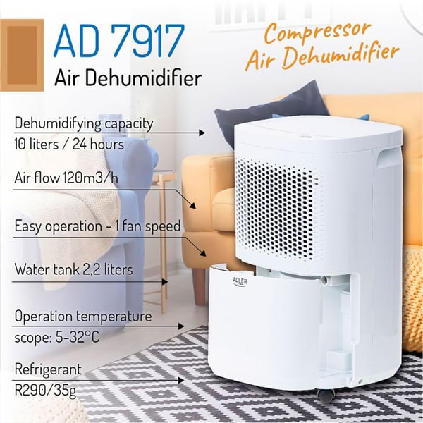 Sähkökäyttöinen kannettava kosteudenpoistaja, 10L / päivä, hiljainen, 60m3 osille Adler AD 7917 200W valkoinen