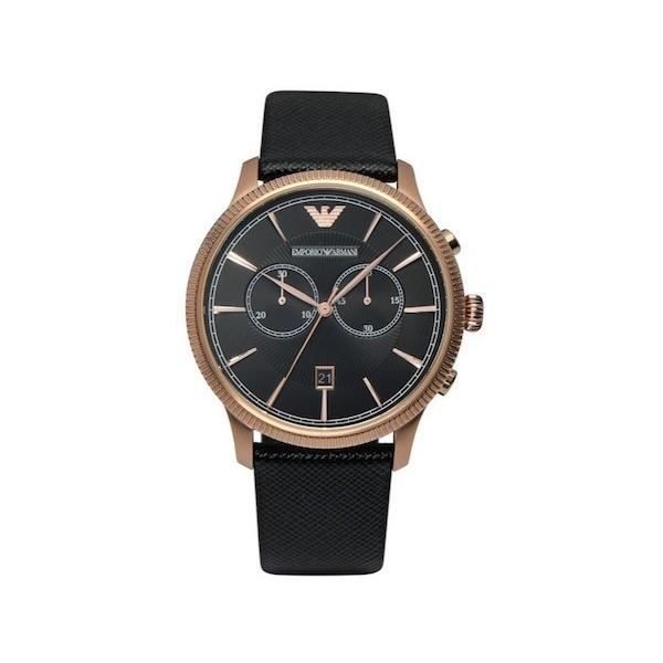 Klocka - Emporio Armani - AR1792 - Kronograf - Svart läder - Vintage Rose Gold