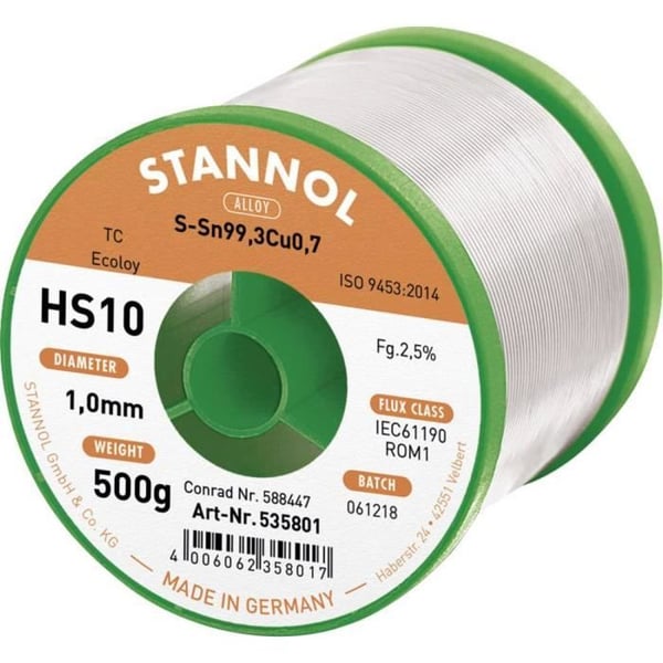 Lödtenn utan bly - STANNOL - HS10 2510 - 500 g - 1 mm - Sn99,3Cu0,7