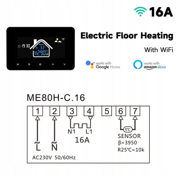 Termostat Wi-Fi Intelligent - ARHATREYA - Tuya - 16A - Kompatibel med Alexa och Google Home