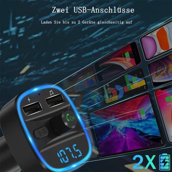 Bluetooth FM-sender - KOFIHETY - Dobbelt USB-oplader - Håndfri - Ambient belysning - Sort