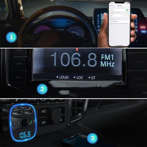 Bluetooth FM-sender - KOFIHETY - Dobbelt USB-oplader - Håndfri - Ambient belysning - Sort