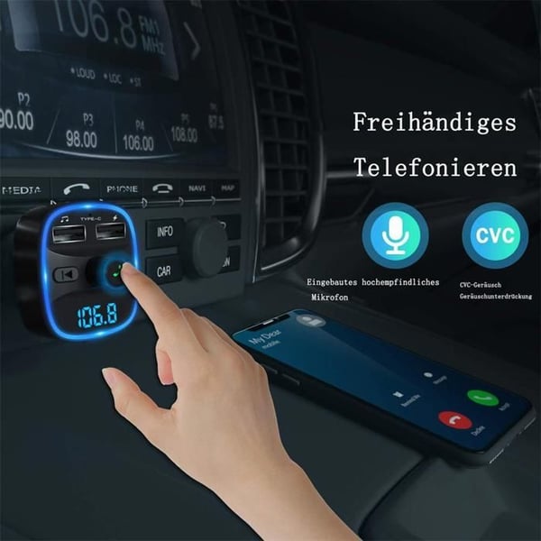 Bluetooth FM-sender - KOFIHETY - Dobbelt USB-oplader - Håndfri - Ambient belysning - Sort
