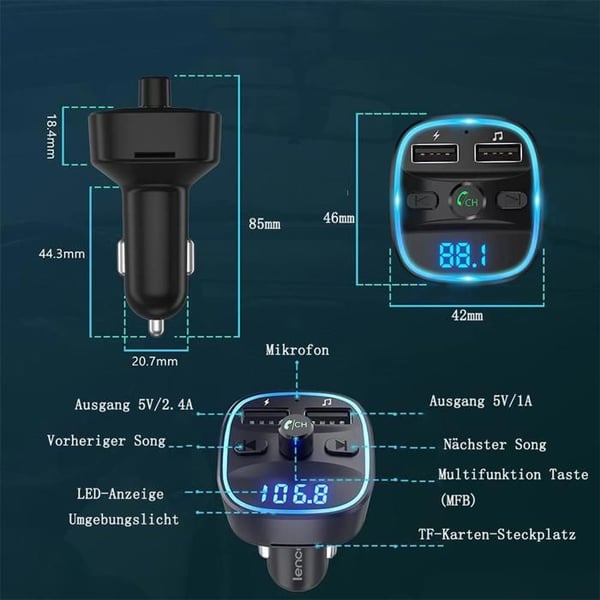 Bluetooth FM-sender - KOFIHETY - Dobbelt USB-oplader - Håndfri - Ambient belysning - Sort