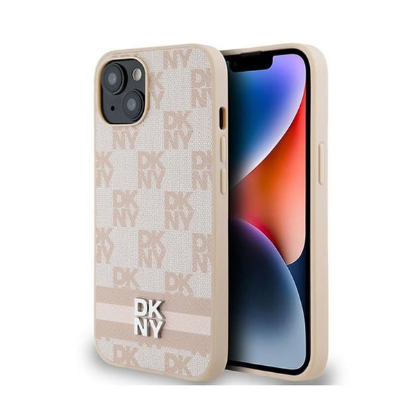 DKNY Läderrutiga monomönster och ränder - Fodral för iPhone 14/15/13 (rosa)