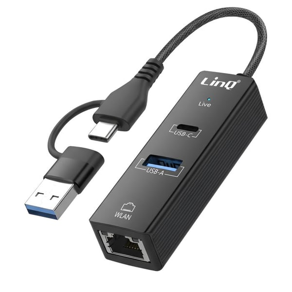 USB-hub USB-C 3-i-1 med USB 2.0 / USB-C Power Delivery / Ethernet RJ45 LinQ Svart