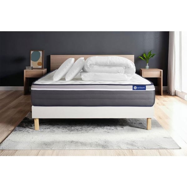 Komplett sängpaket 160x200 cm - Madrass + Sängbotten Vit (i kit) + 2 kuddar + Täcke - ActiMemo Pl