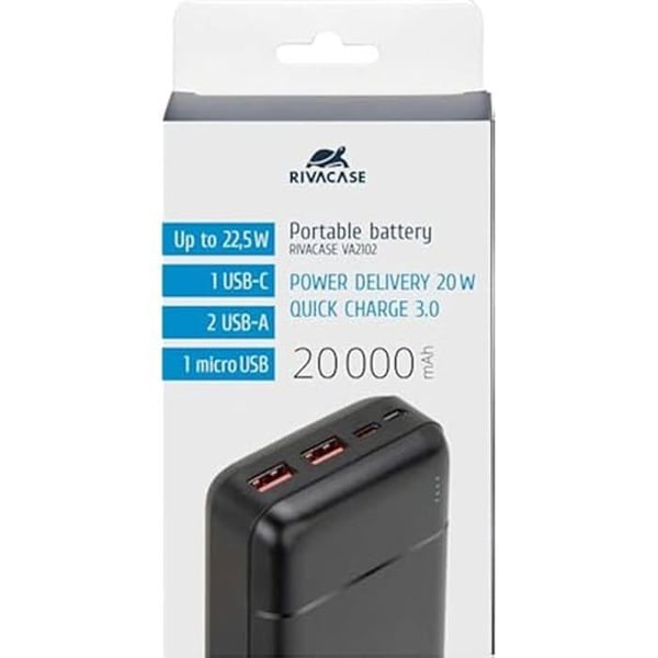 Extern Batteri - RIVACASE VA2102 - 20000mAh - 2 Ingångar Typ-C - 3 Utgångar QC/PD