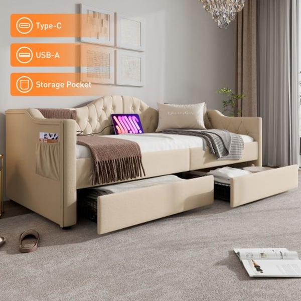 Lounge seng - MUVOE - Sovesofa 90x200 cm - Beige velour - USB Type C oplader - 2 opbevaringsskuffer