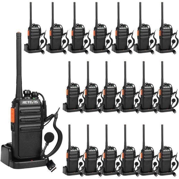 Retevis RT24 Talkie Walkie Professionell, PMR446 16 Kanaler CTCSS/DCS Uppladdningsbar, med Hörsnäcka och USB Laddningsbas (20 st)