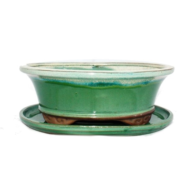 bonsai skål med fat storlek 4 - grön/beige - oval - modell o4 - l 26cm - b 21cm - h 7,5cm