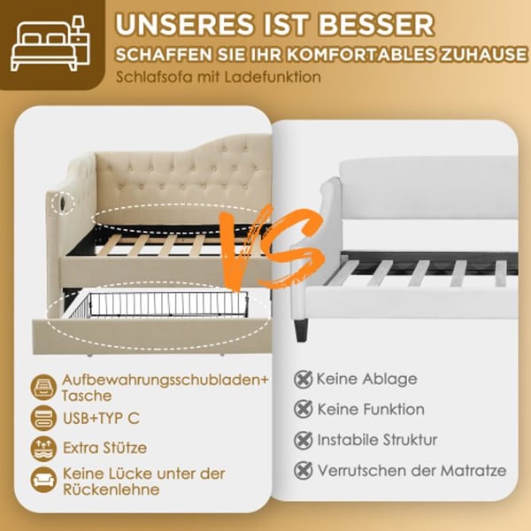 Lounge-vuode - MUVOE - Sohva vuode 90x200 cm - Beige sametti - USB Type C - 2 säilytyslaatikkoa